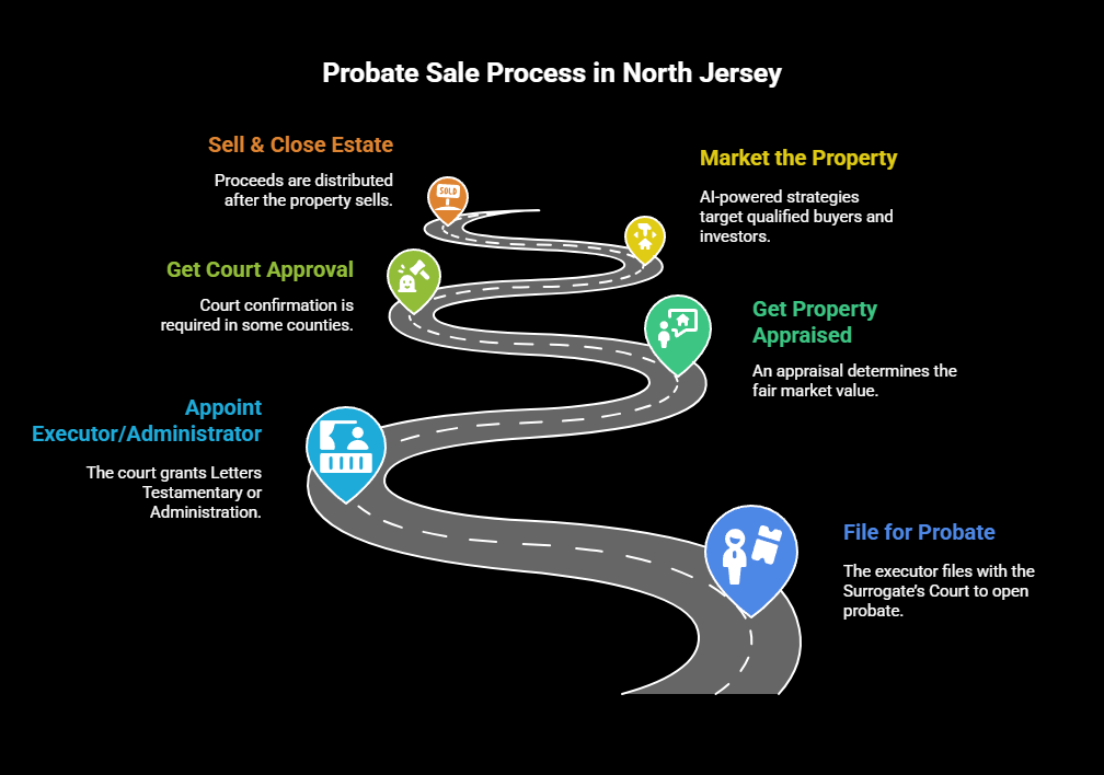 "Infographic showing the step-by-step probate sale process in North Jersey, including filing for probate, appointing an executor, getting the property appraised, court approval, marketing the property, and selling to close the estate.