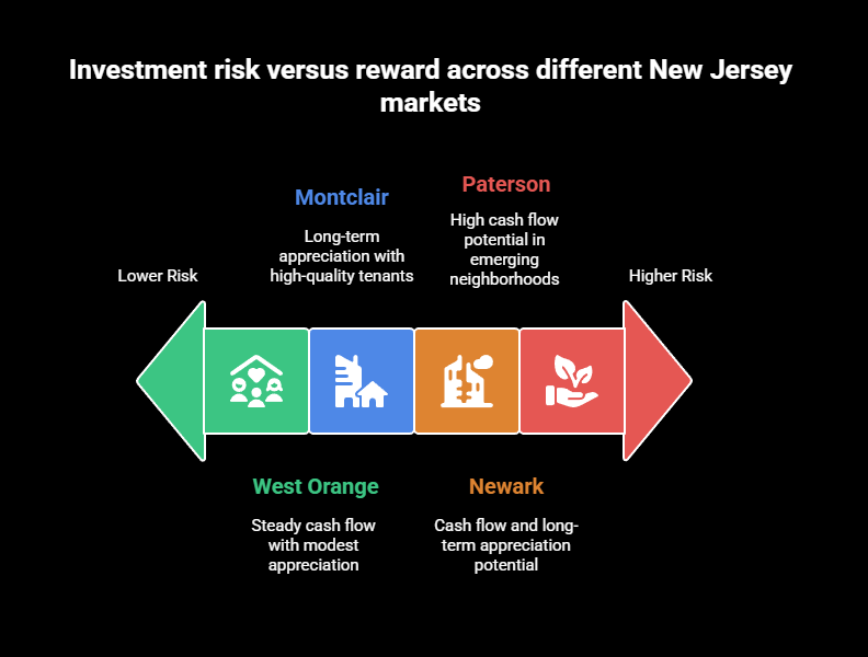 Investment risk versus reward chart comparing Montclair, Newark, West Orange, and Paterson real estate markets in New Jersey.