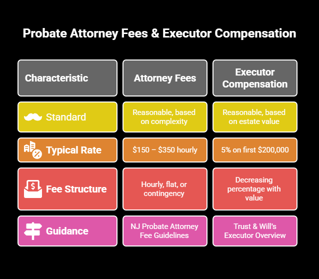 Infographic comparing New Jersey probate attorney fees and executor compensation, showing typical hourly rates, fee structures, and guidance from NJ Probate Attorney Fee Guidelines and Trust & Will’s Executor Overview.