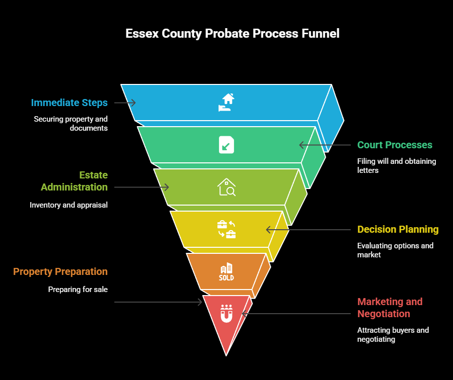 Step-by-step Essex County probate process funnel showing immediate steps, estate administration, property preparation, marketing, and closing.