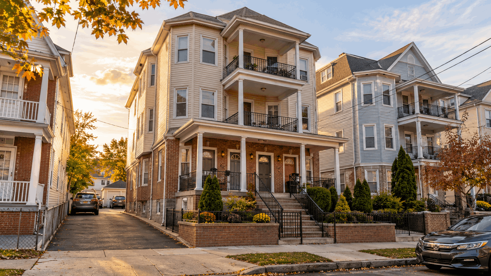 Three-family investment property in Paterson, NJ, featuring brick and vinyl siding, multiple entrances, covered porches, a paved driveway, and neighboring multifamily homes in a North Jersey residential neighborhood.