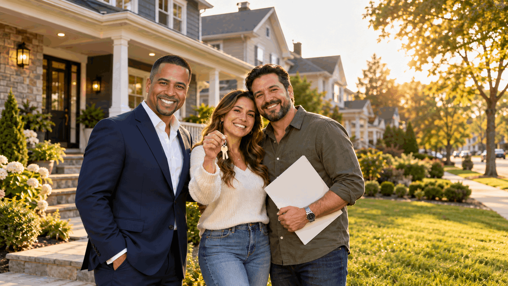 North Jersey real estate agent celebrating a successful home sale with happy homeowners holding house keys and closing documents outside a beautiful Clifton, NJ home.