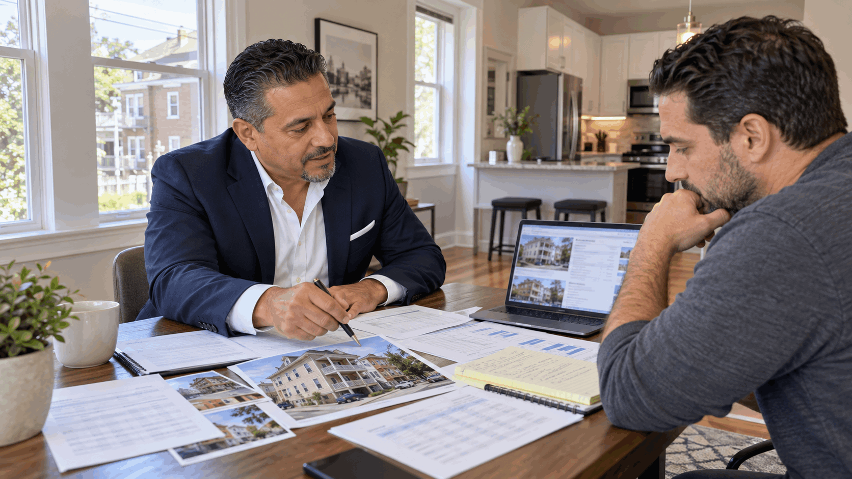 North Jersey real estate agent reviewing rental income, operating expenses, and investment property details with a buyer inside a renovated three-family home in Paterson, NJ.