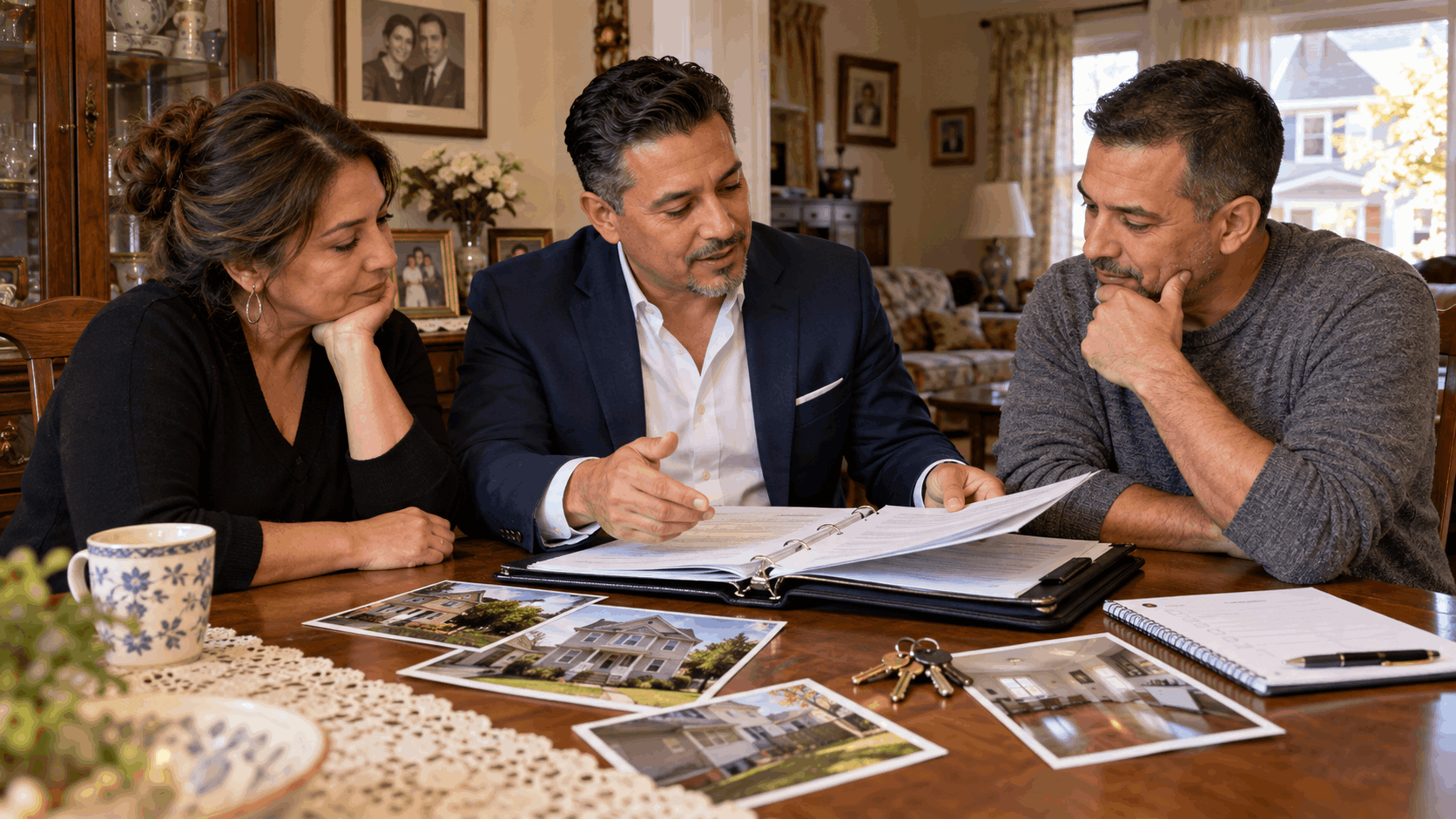 North Jersey probate real estate agent reviewing estate documents, property photos, and home-selling options with two adult heirs inside an inherited family home in Paterson, NJ.