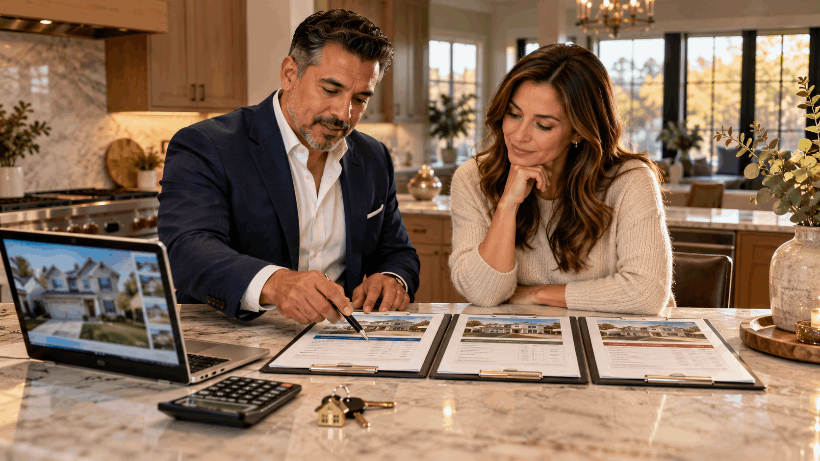 SEO alt text North Jersey real estate agent reviewing three competing home purchase offers with a Clifton, NJ homeowner, comparing offer prices, buyer financing, and contract terms to select the best offer.