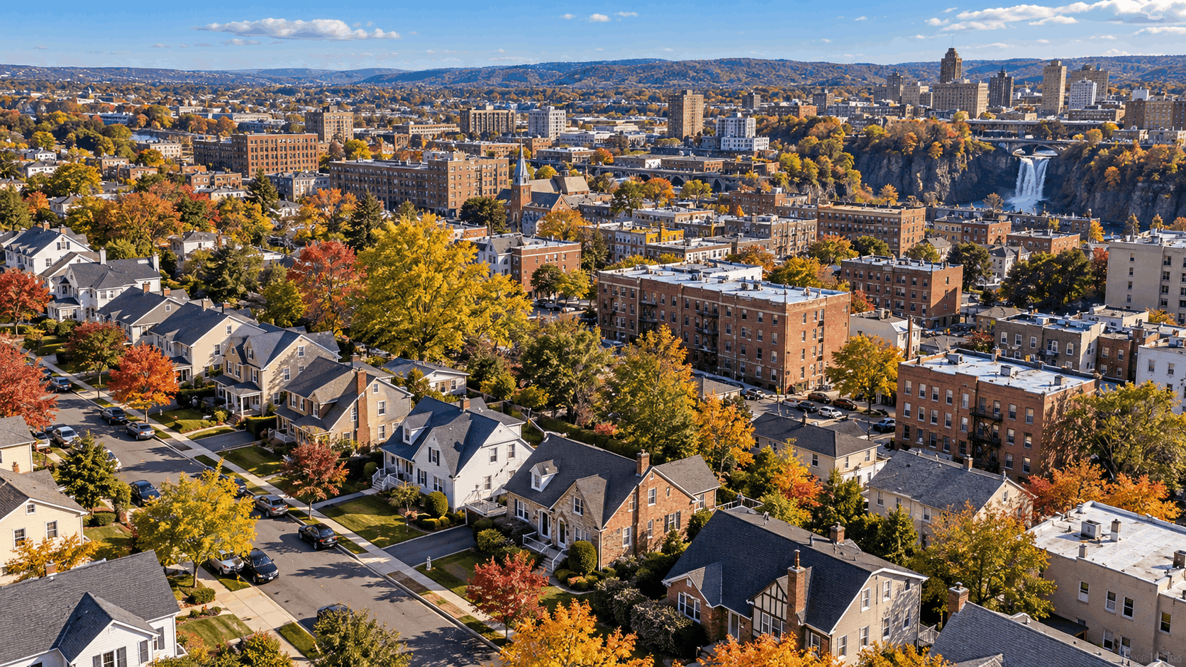 Aerial view of Clifton and Paterson, NJ, featuring tree-lined suburban neighborhoods, single-family homes, multifamily buildings, colorful autumn foliage, and the Paterson Great Falls in North Jersey.