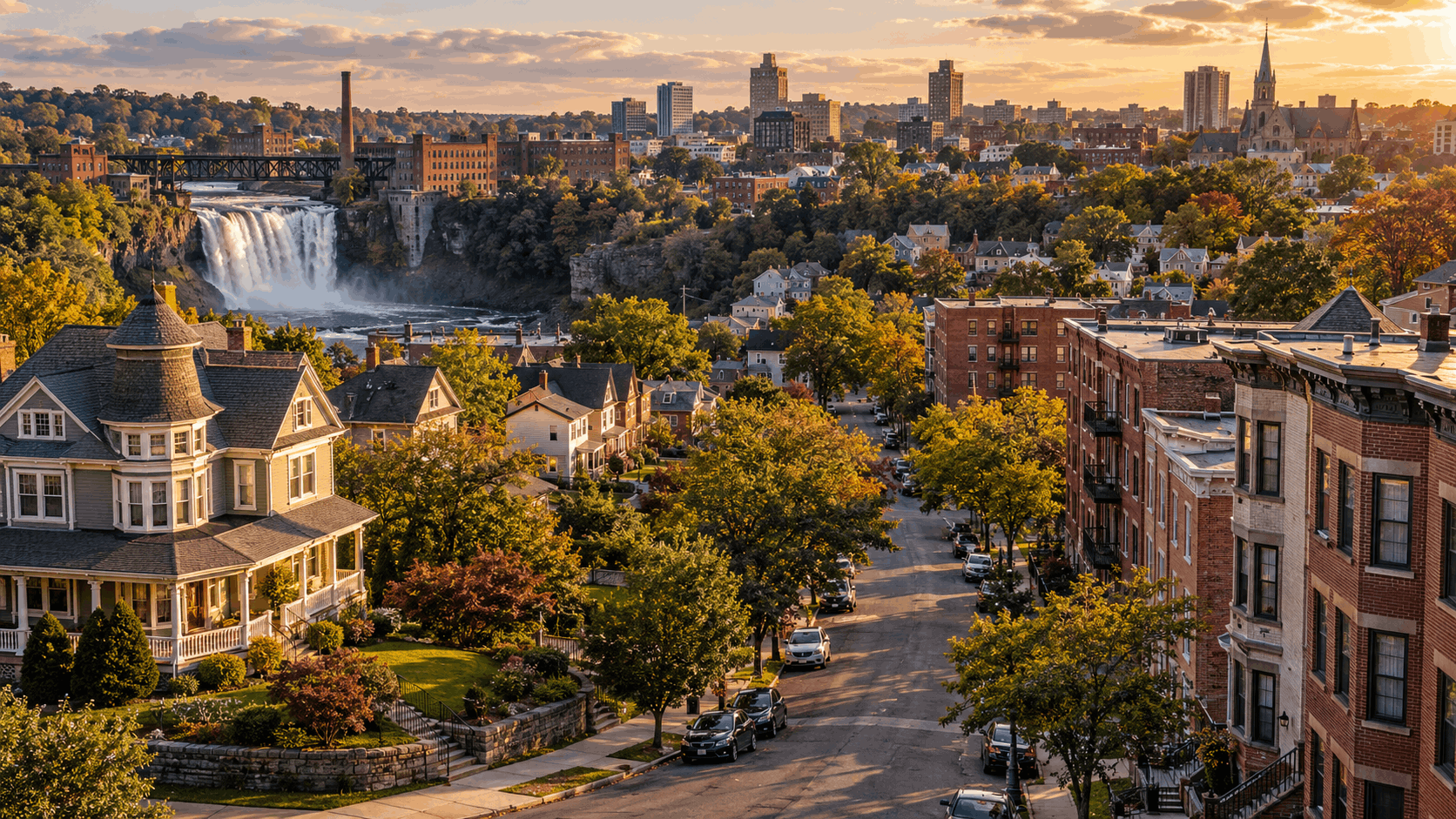 Aerial view of Paterson, NJ, featuring historic Eastside Park homes, Hillcrest residential neighborhoods, two-family and multifamily brick properties, and the iconic Paterson Great Falls, showcasing the diverse Paterson real estate market in 2026.