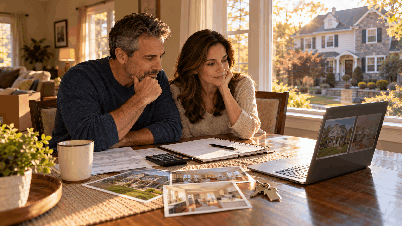 Middle-aged homeowners in Clifton, NJ, reviewing mortgage documents, home values, property photos, and a selling timeline while deciding whether to sell their house now or wait in the 2026 North Jersey real estate market.