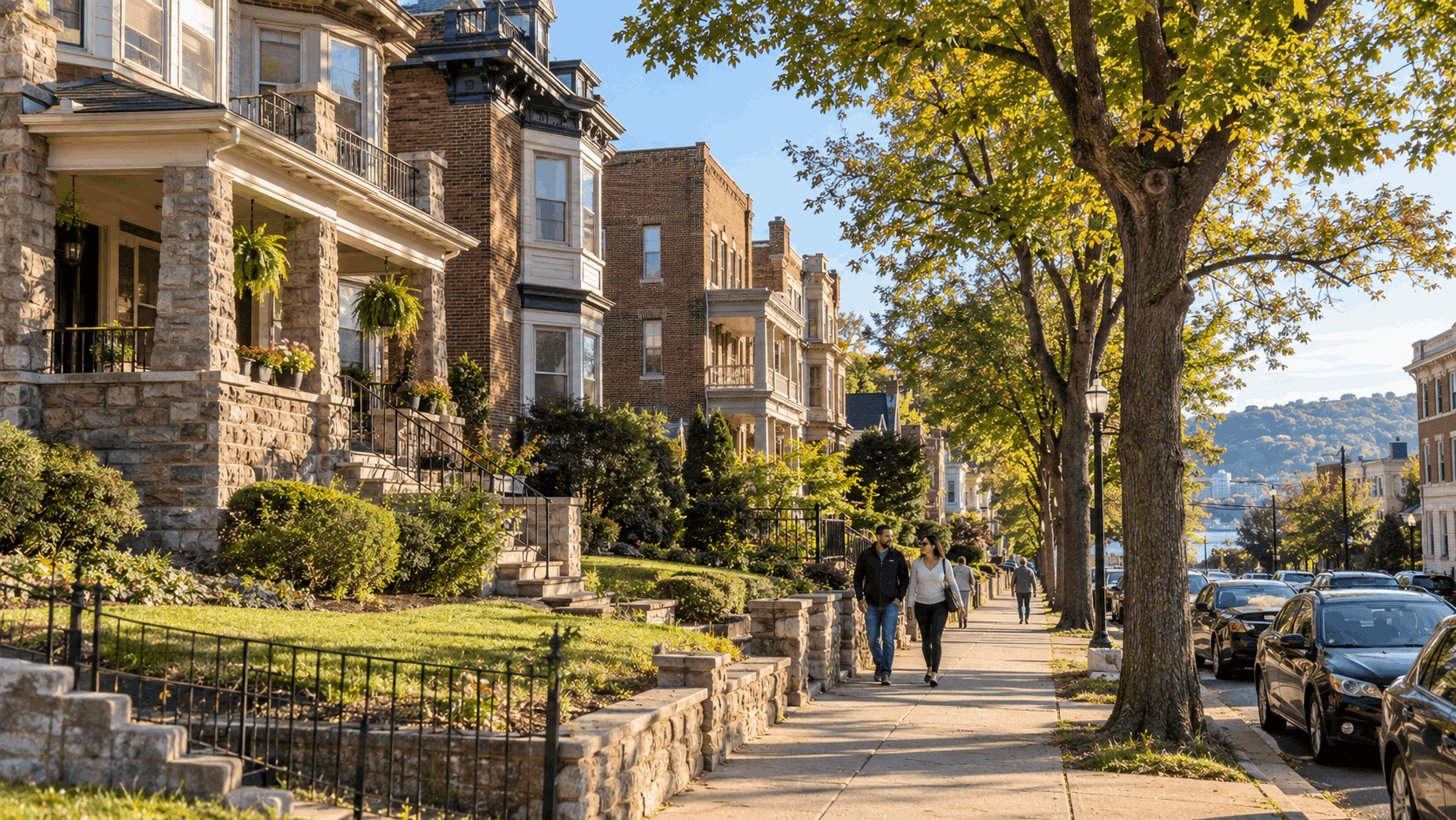 Tree-lined residential neighborhood in Passaic, NJ, featuring historic multifamily homes, classic brick buildings, landscaped front yards, and residents walking along sidewalks, showcasing Passaic Park and Dutch Hill neighborhood architecture and the 2026 Passaic real estate market.