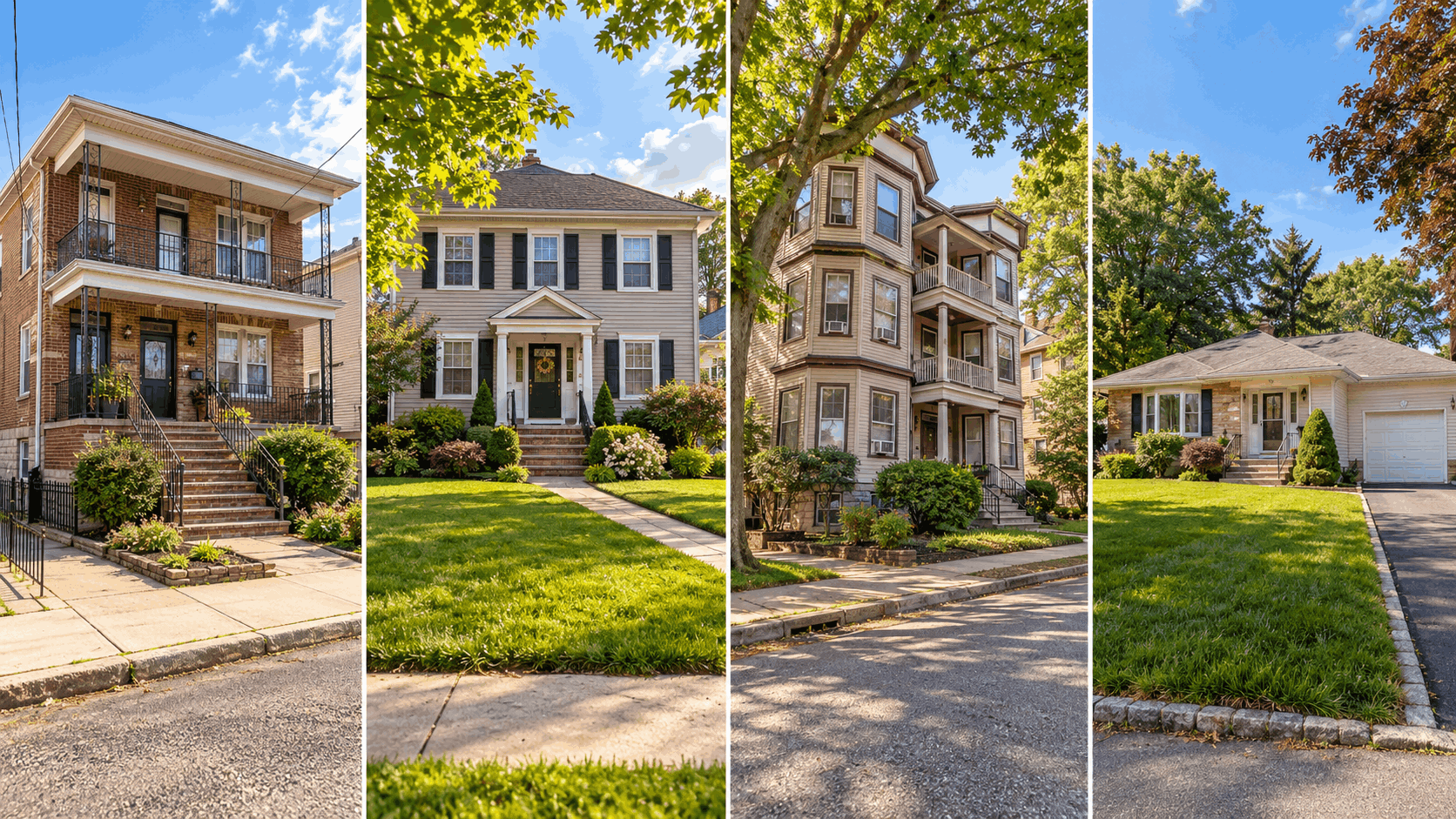 Comparison of North Jersey homes in Paterson, Clifton, Passaic, and Totowa, NJ, featuring a brick two-family property, colonial single-family home, historic multifamily residence, and suburban ranch house, highlighting housing options in the 2026 North Jersey real estate market.