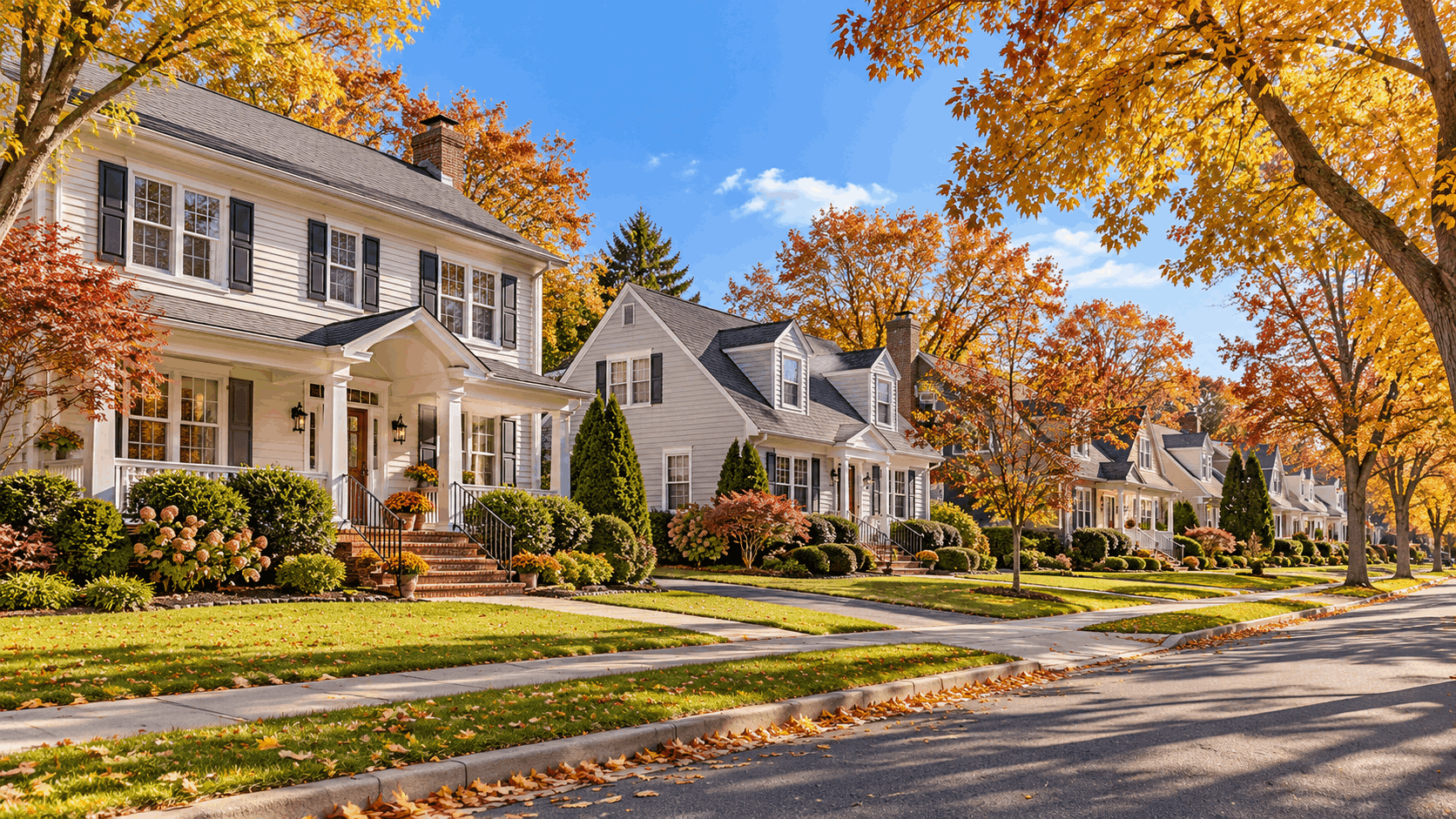 Beautiful Clifton, NJ, residential neighborhood featuring traditional Colonial and Cape Cod homes, manicured lawns, mature trees, and colorful autumn foliage, showcasing single-family homes in the Clifton real estate market in 2026.