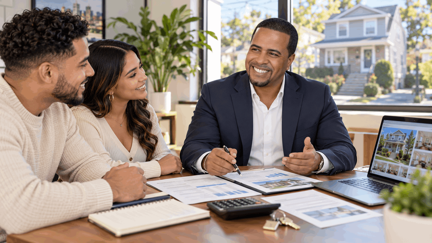 Johnny Rodriguez, North Jersey real estate agent, helping first-time homebuyers review mortgage estimates, home affordability, and property listings during a consultation in Clifton, NJ, highlighting the homebuying process in 2026.