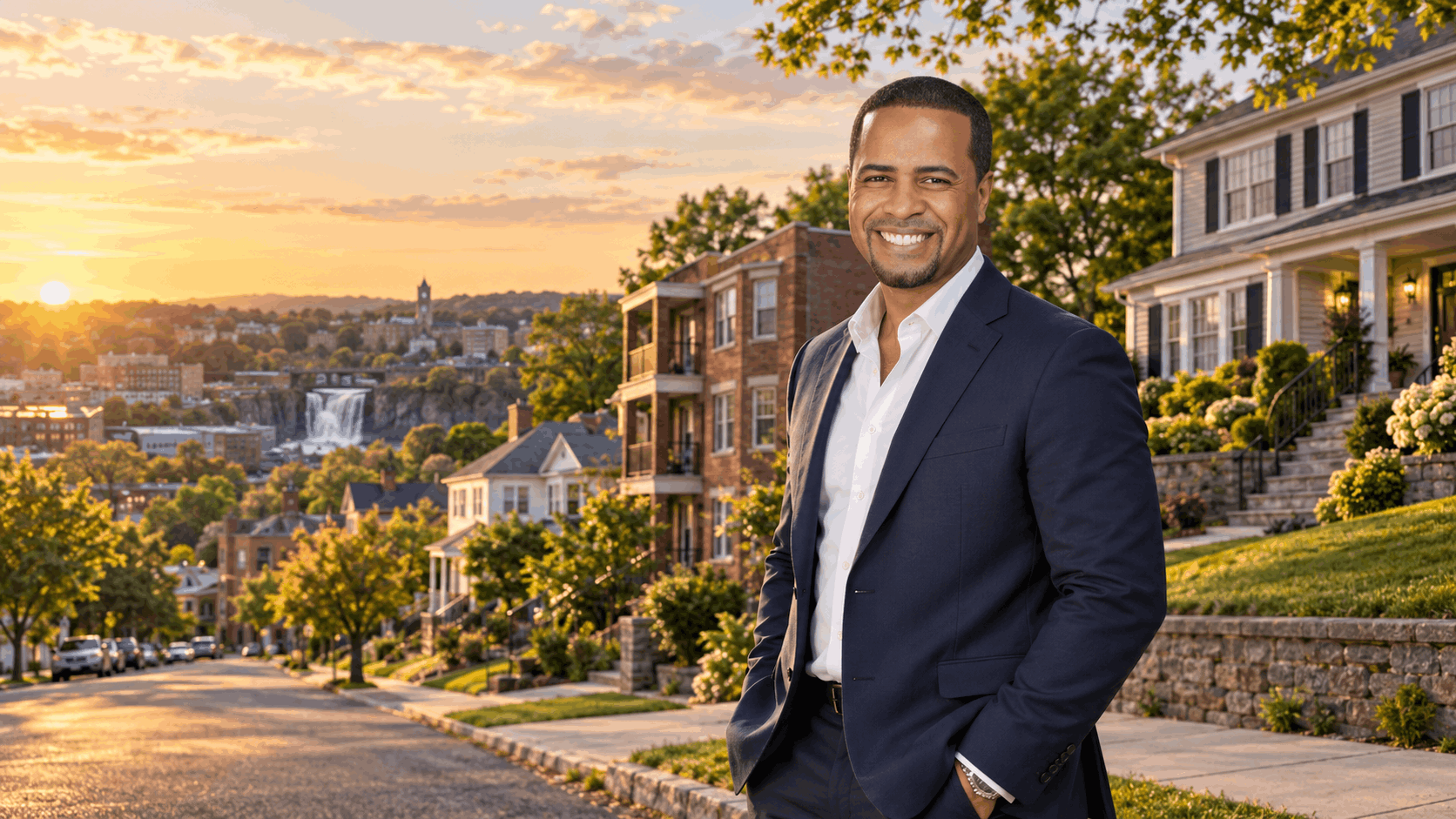 Johnny Rodriguez, North Jersey real estate agent, standing in a residential neighborhood featuring Paterson multifamily homes, Clifton colonial houses, Passaic properties, and Totowa suburban homes at sunset, highlighting the North Jersey real estate market in 2026.