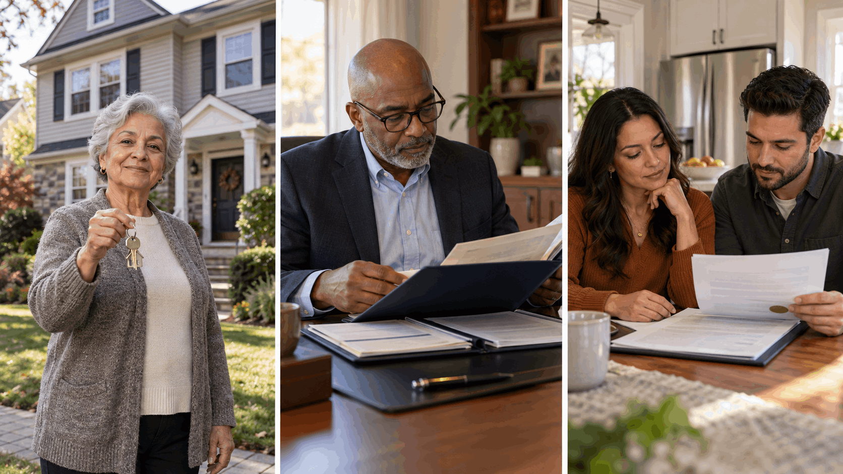 Three ways to sell an inherited house in New Jersey without probate: surviving homeowner holding keys, trustee reviewing living trust documents, and beneficiaries examining a recorded property deed.