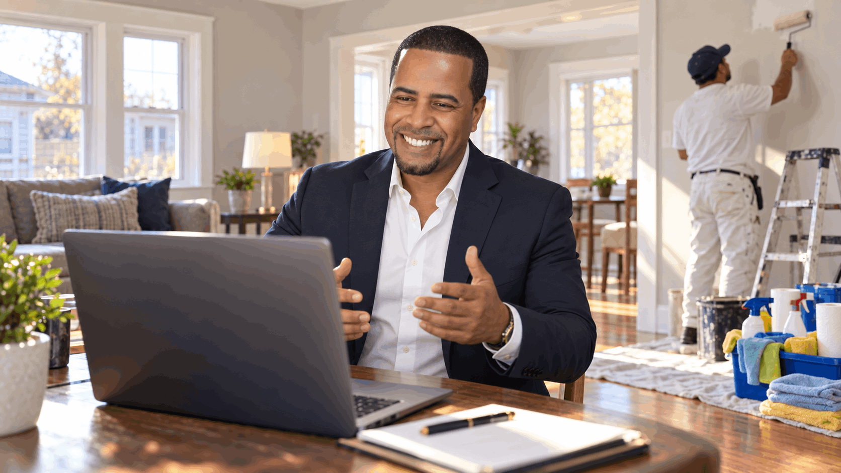 North Jersey Realtor Johnny Rodriguez coordinating an inherited home sale remotely through a video call with an out-of-state seller while a painter completes home preparations in Paterson, NJ.