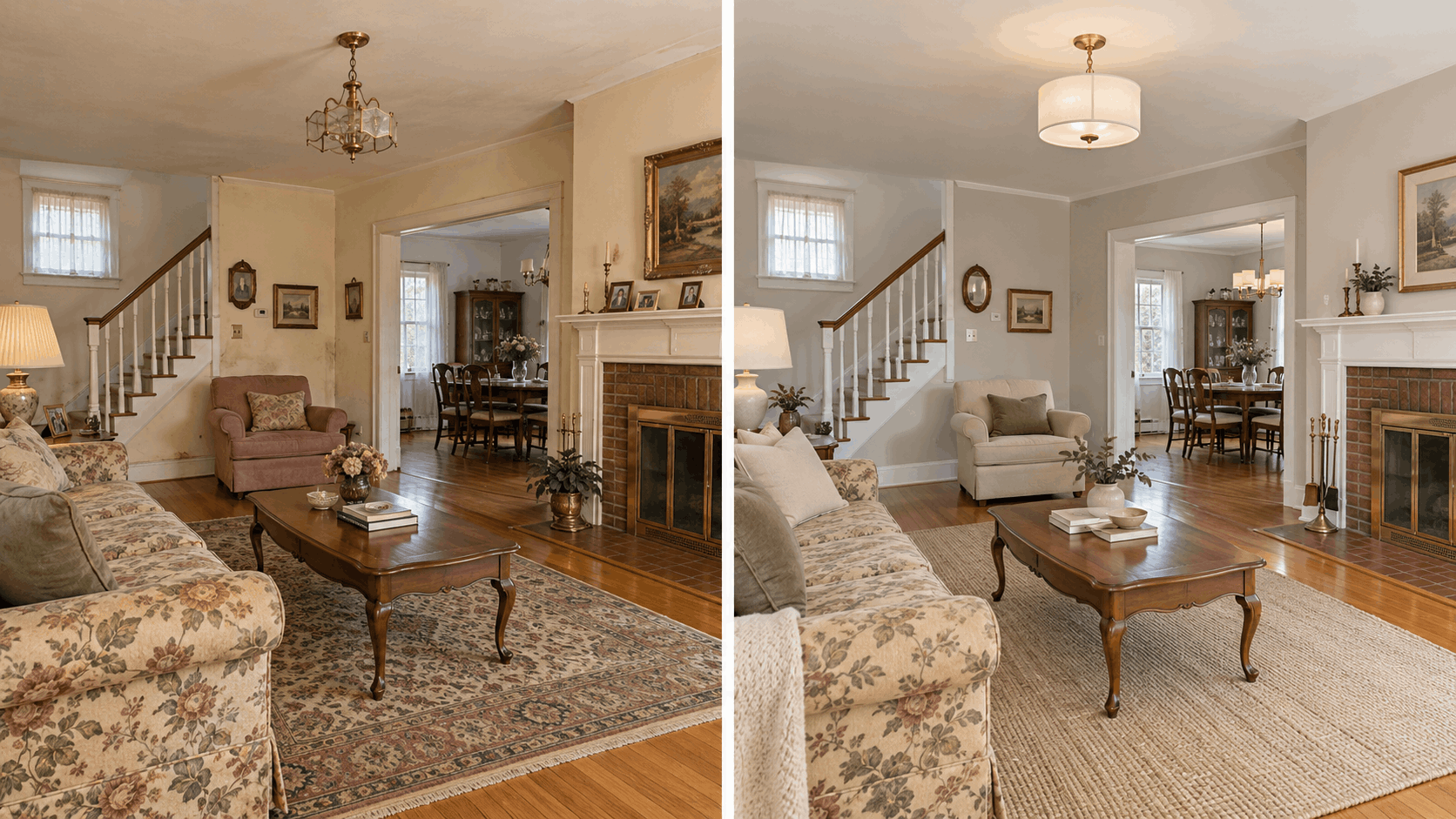 Split-screen view of the same inherited North Jersey living room showing an as-is condition on one side and modest budget-friendly updates on the other, illustrating pre-sale improvement options.