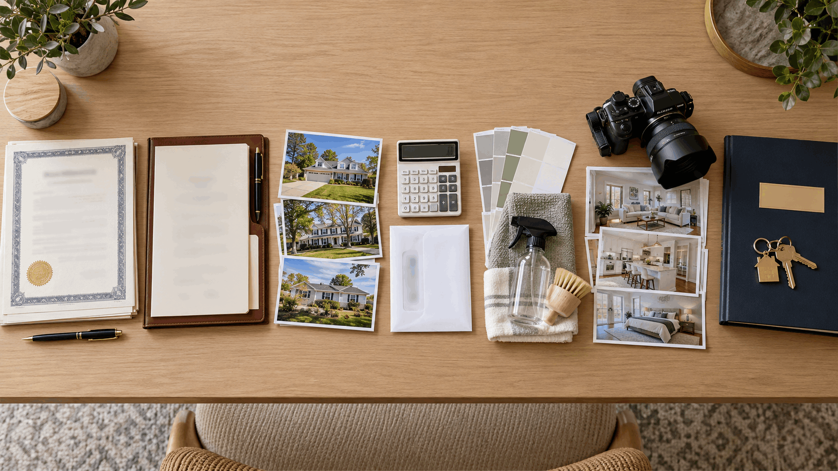 Step-by-step process of selling an inherited house in New Jersey, featuring property deeds, probate documents, home valuation, repair preparation, listing photos, and closing keys.