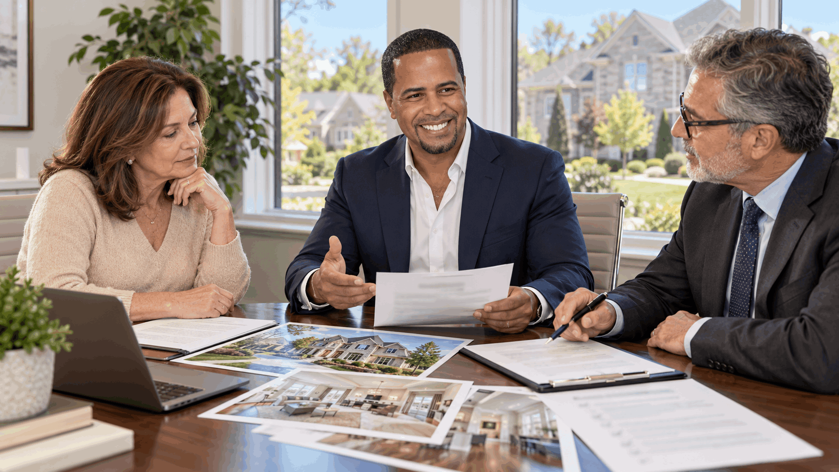 New Jersey probate estate sale consultation with Realtor Johnny Rodriguez, an executor, and an estate attorney reviewing property photos, legal documents, and a home listing checklist.