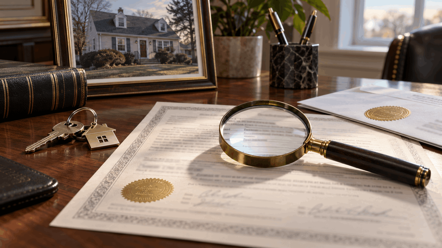 Recorded New Jersey property deed with magnifying glass, house keys, and legal documents on an estate attorney's desk, illustrating deed ownership and inherited home sales without probate in NJ.