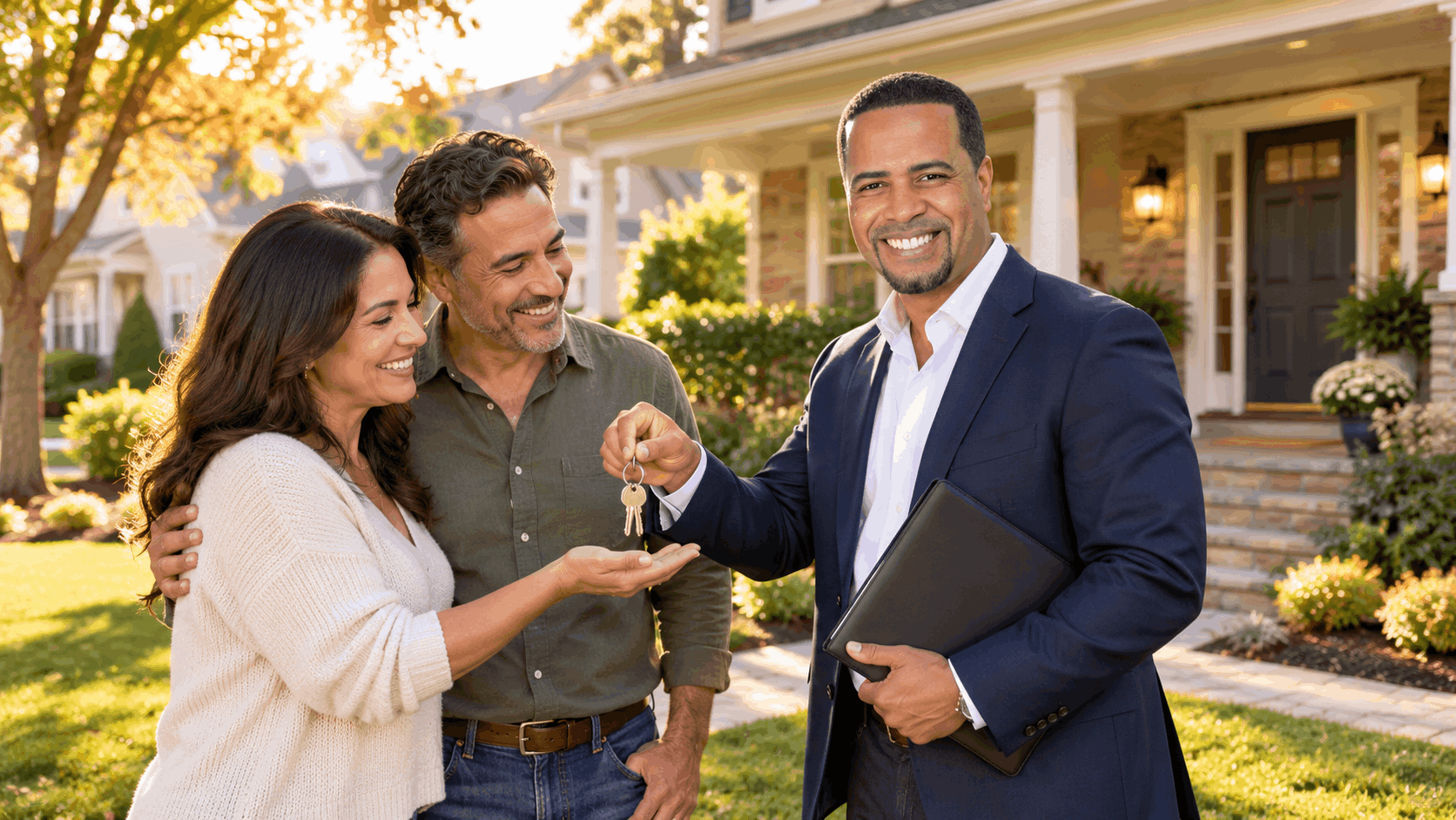 North Jersey Realtor Johnny Rodriguez handing house keys to smiling clients outside a Clifton, NJ home, representing a successful inherited property sale and a fresh start.