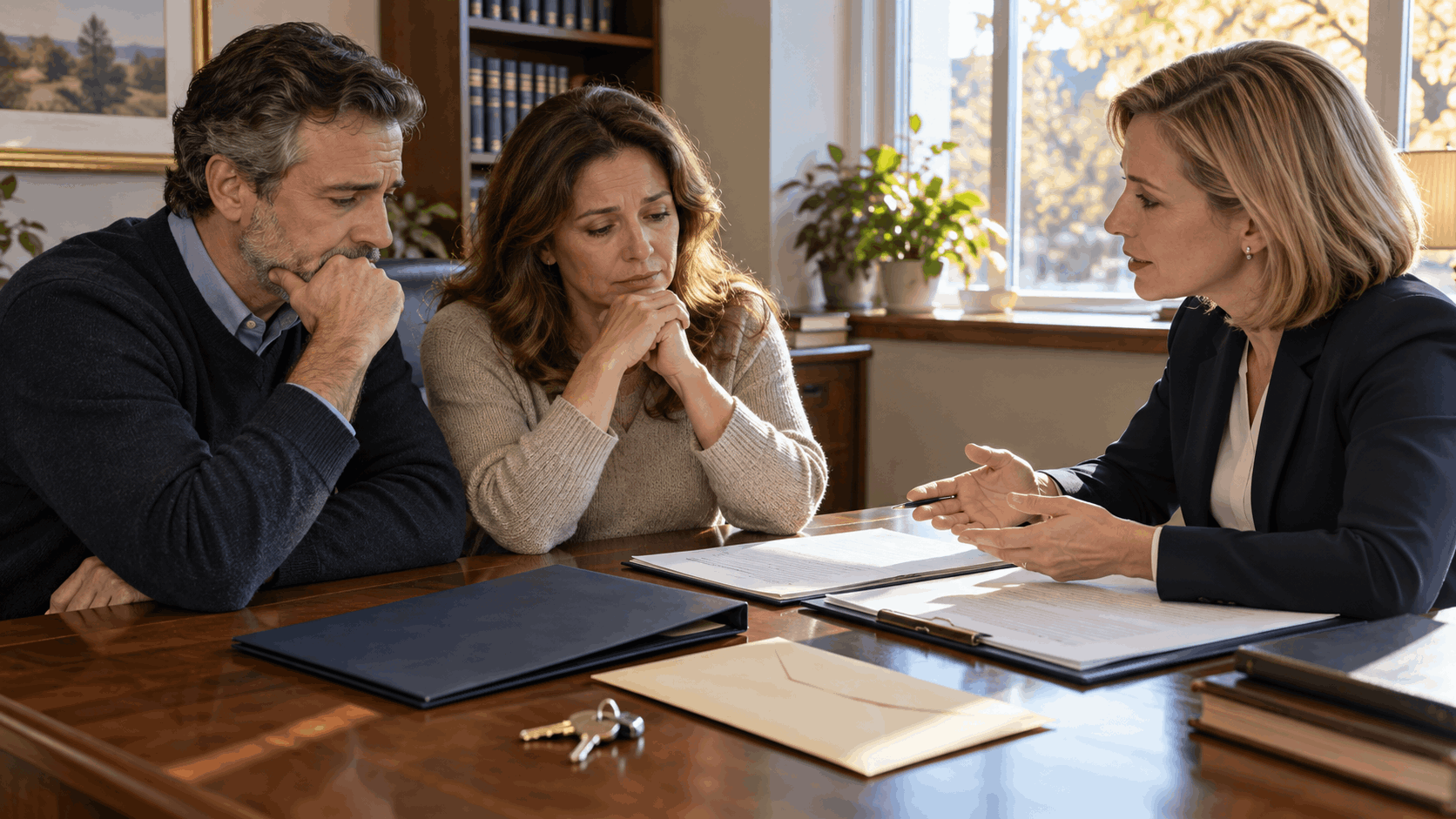 SEO alt text Two family members meeting with a New Jersey estate advisor to review inheritance documents, death certificate paperwork, and house keys after a loved one passes away without a will.