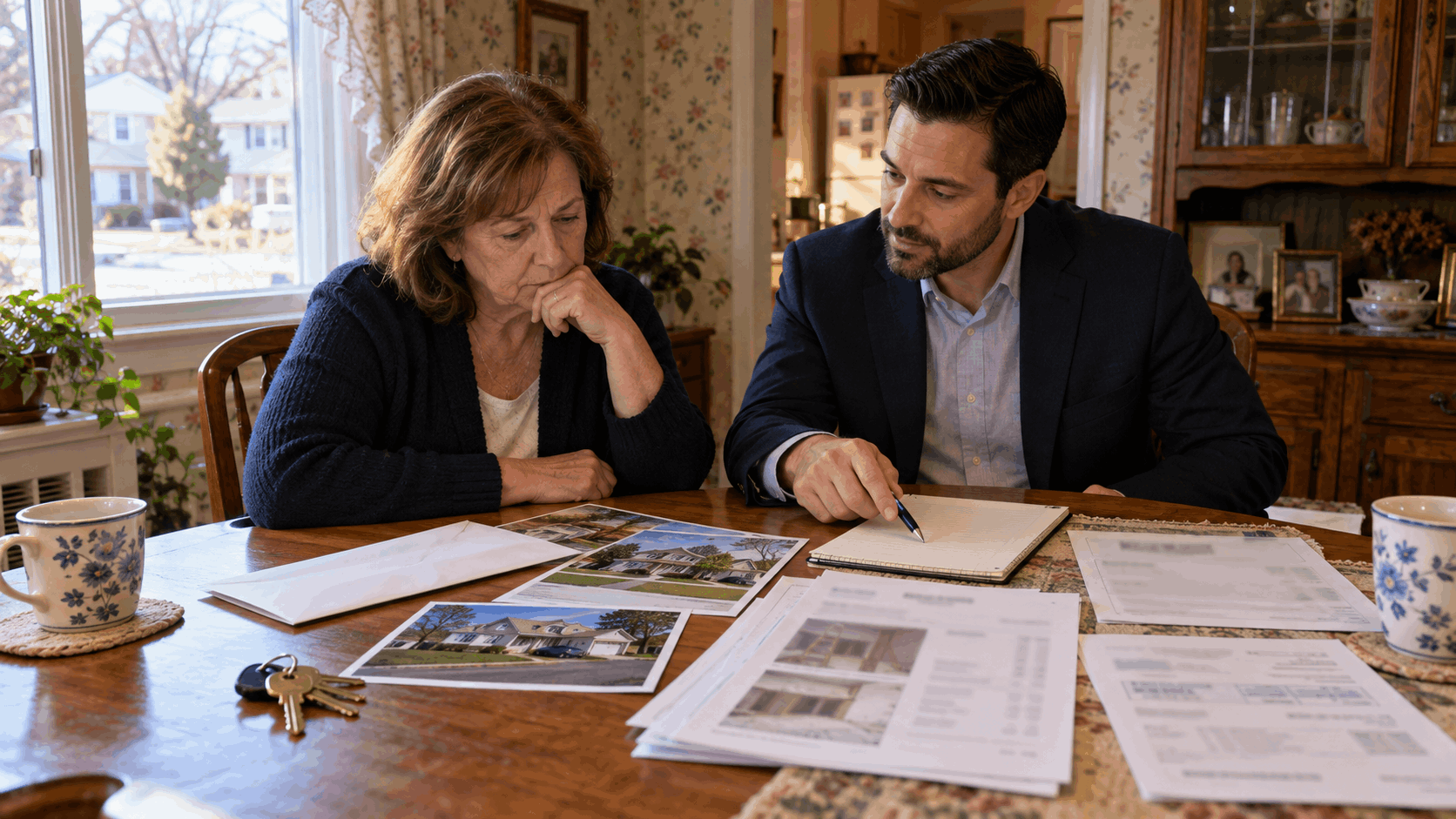 North Jersey homeowner reviewing cash offers, repair estimates, property taxes, and comparable home sales with a real estate advisor before selling an inherited house in NJ.