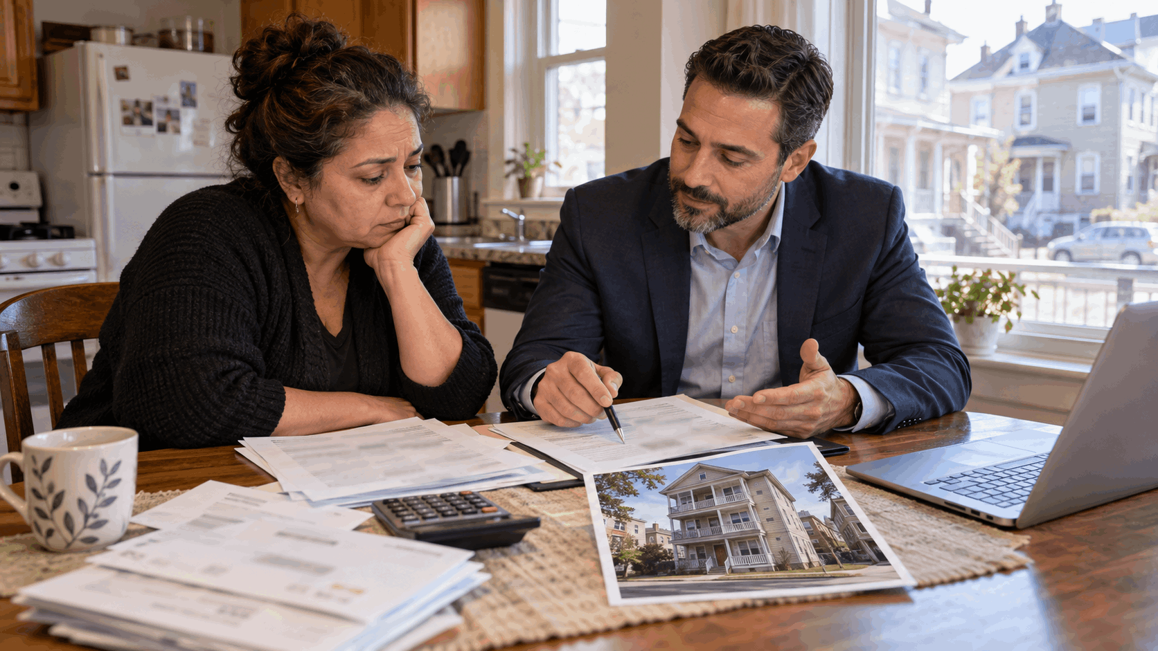 North Jersey homeowner reviewing mortgage statements, property taxes, and financial options with a real estate professional before selling an inherited three-family home in Paterson, NJ.