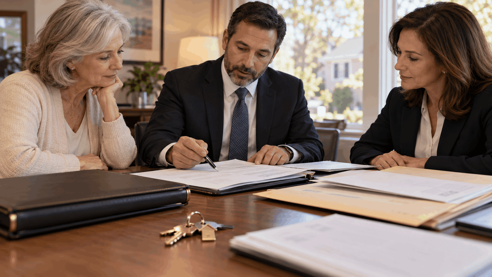 New Jersey inherited property closing with an estate representative, attorney, and title professional reviewing deed documents, mortgage payoff paperwork, and house keys.