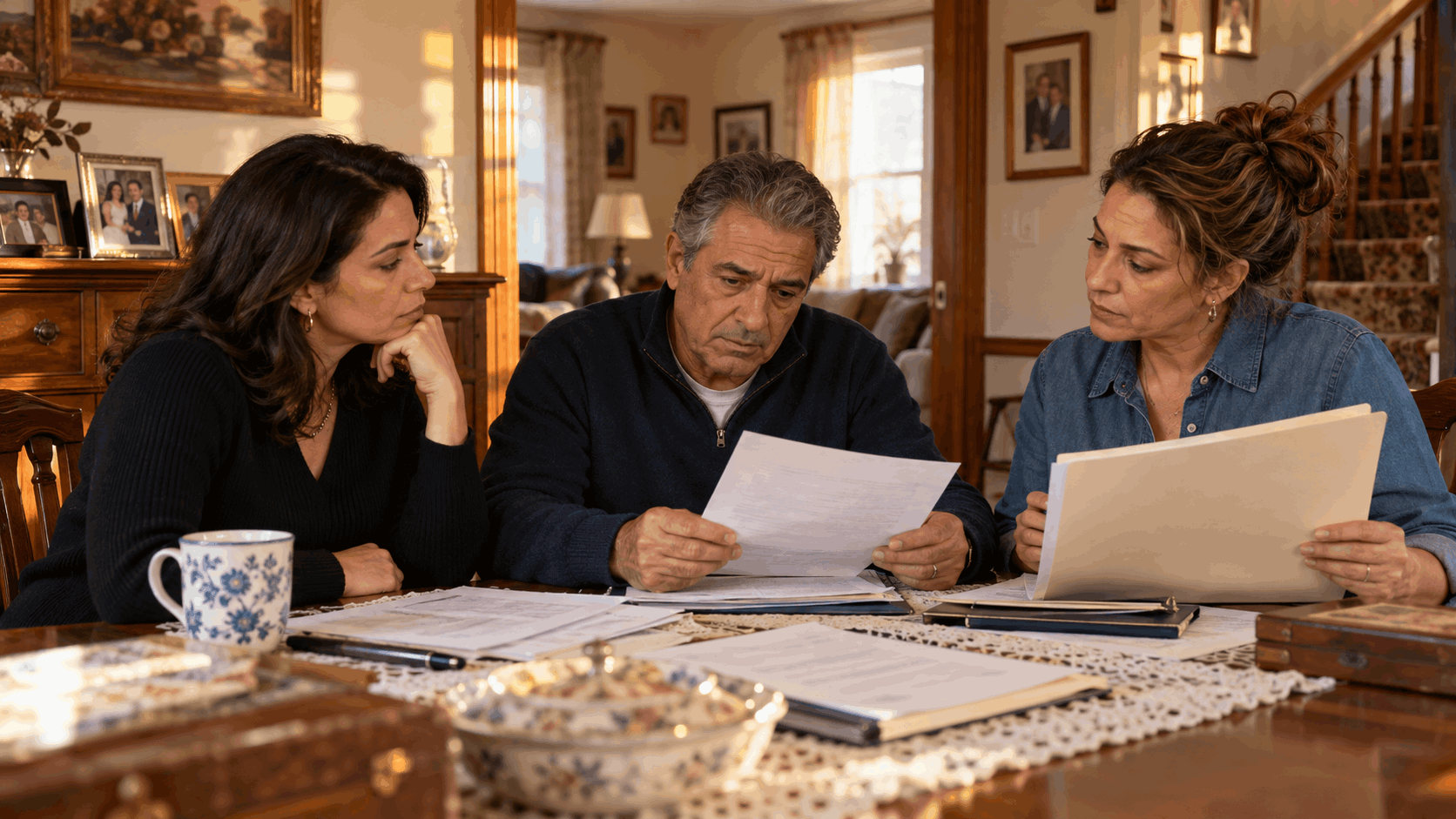 Three adult siblings reviewing probate documents and estate paperwork while discussing the sale of an inherited family home in Paterson, New Jersey.