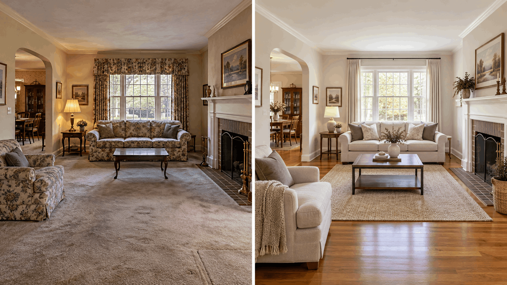 Side-by-side comparison of an inherited North Jersey living room shown as-is with dated carpeting and older finishes versus lightly updated with fresh paint, hardwood floors, and simple staging for sale.