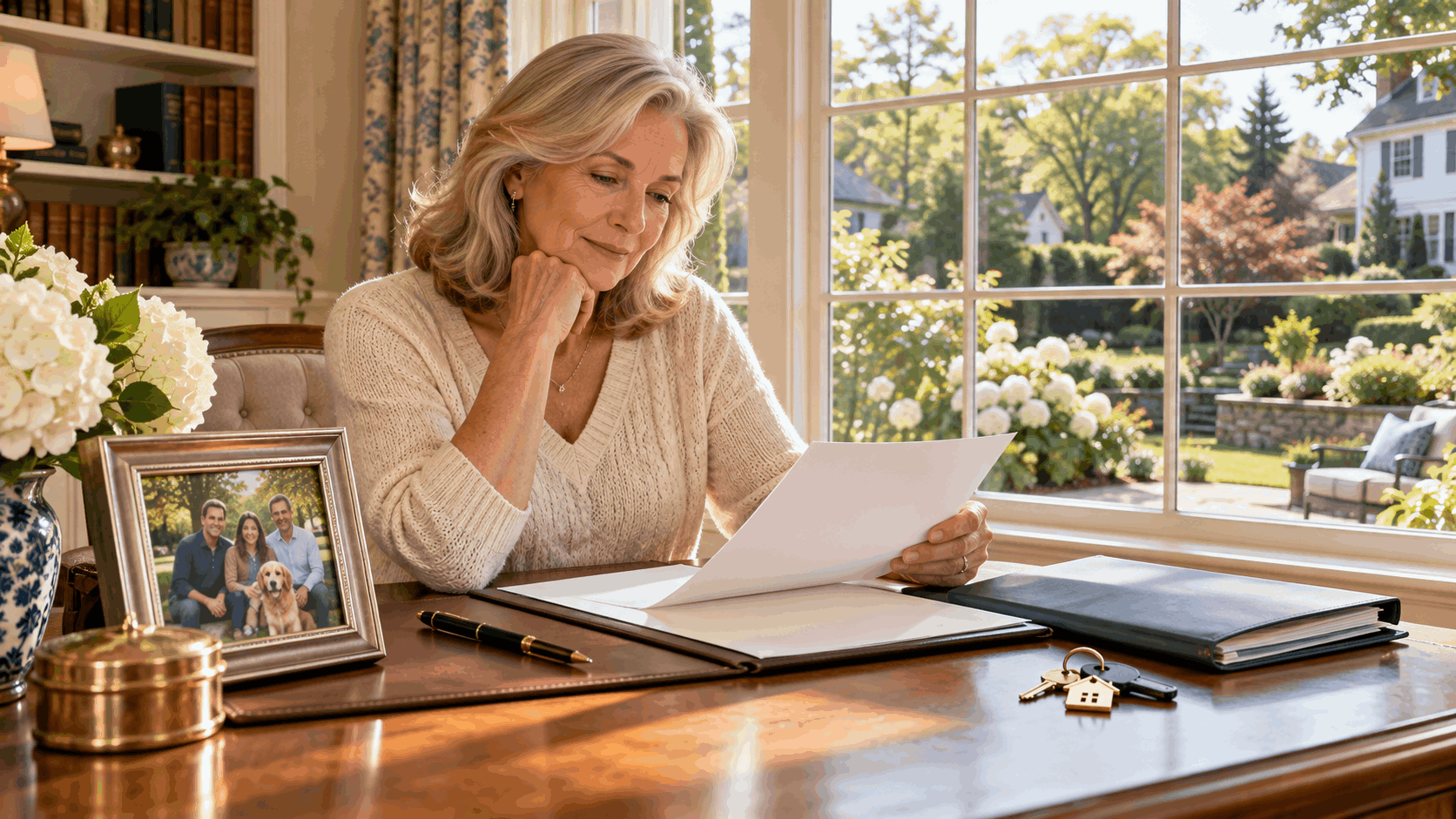 Mature homeowner reviewing estate planning documents, property deed, and trust paperwork beside house keys and a family photograph inside a sunlit Clifton, New Jersey home.