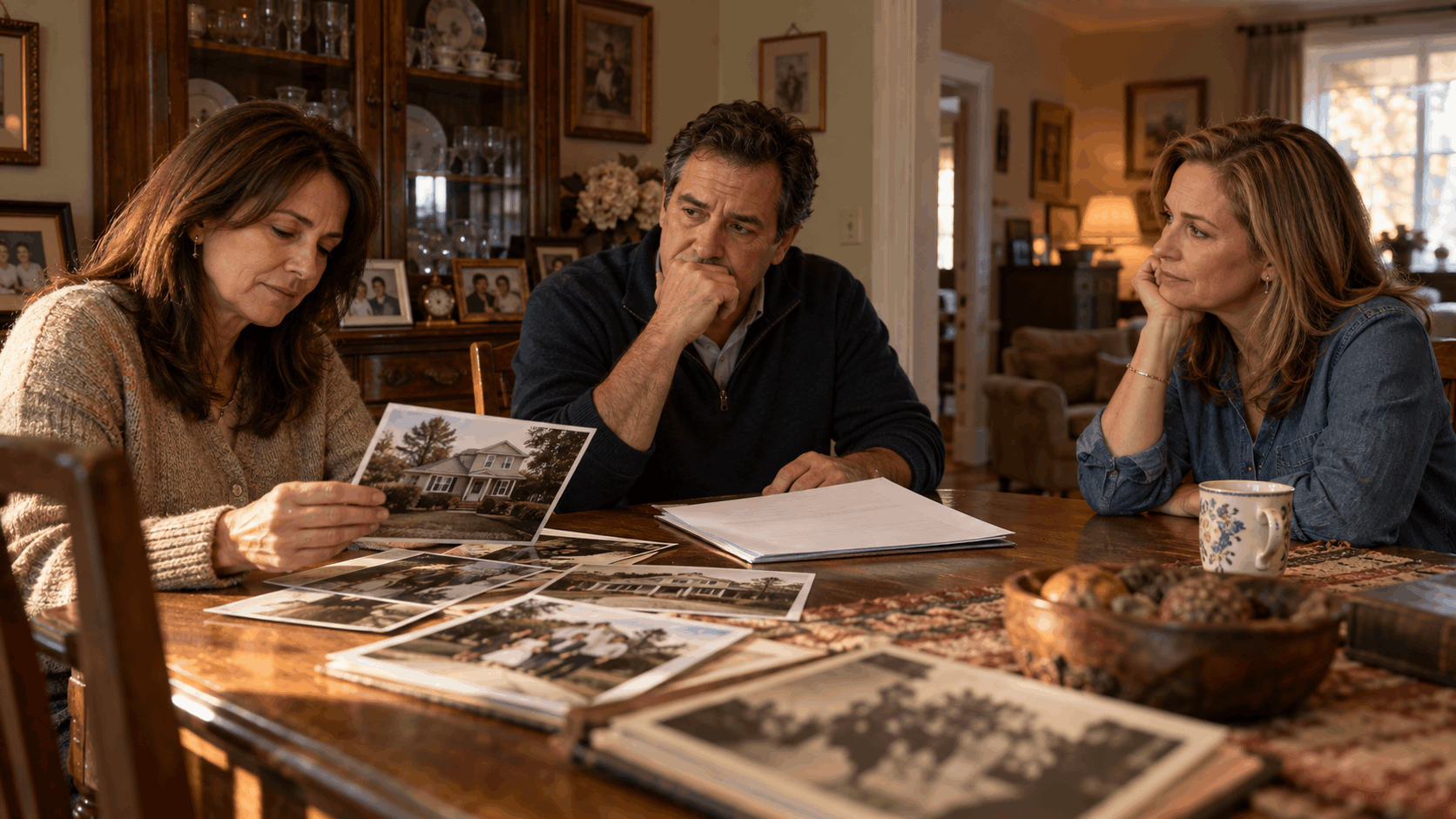 Three adult siblings discussing the sale of an inherited house in New Jersey while reviewing property photos and estate documents during a family probate discussion.