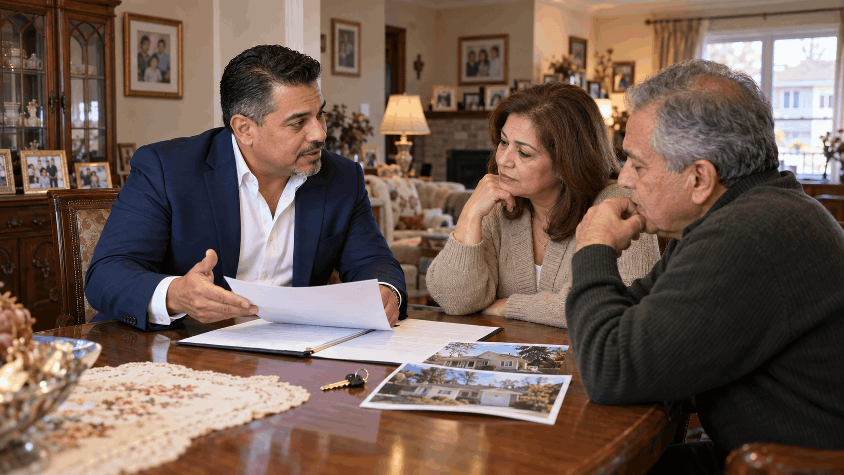 Experienced Latino Realtor discussing inherited home selling options in New Jersey with family members, reviewing estate documents, property photos, and house keys inside a traditional North Jersey home.
