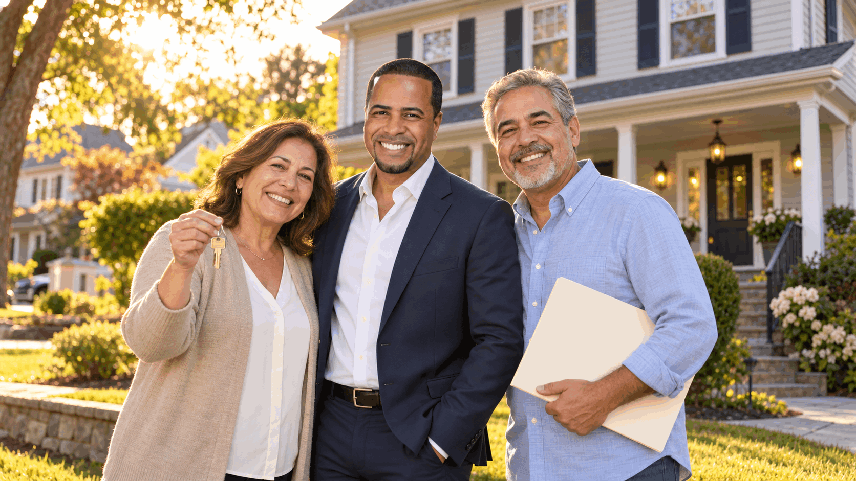 North Jersey Realtor Johnny Rodriguez celebrating a successful inherited home sale with two happy estate sellers holding house keys and closing documents outside a colonial-style home in Clifton, NJ.