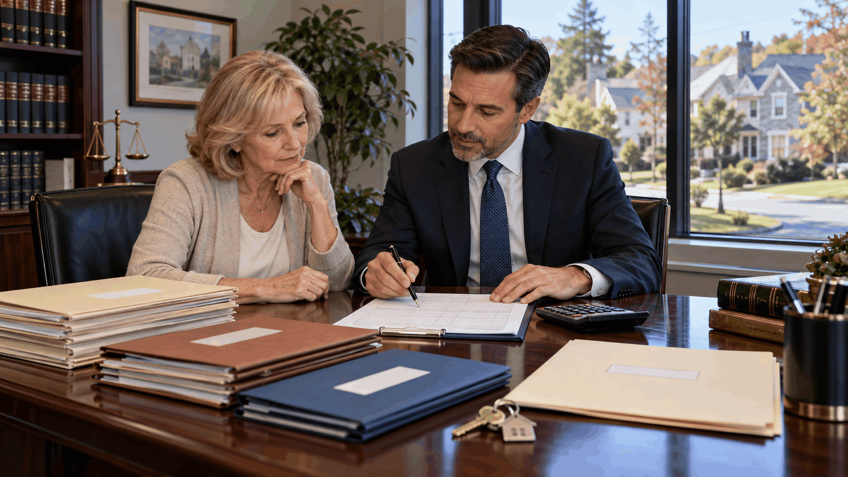 Estate representative reviewing inherited property closing documents, mortgage payoff, settlement costs, and estate distribution paperwork with a New Jersey real estate attorney.