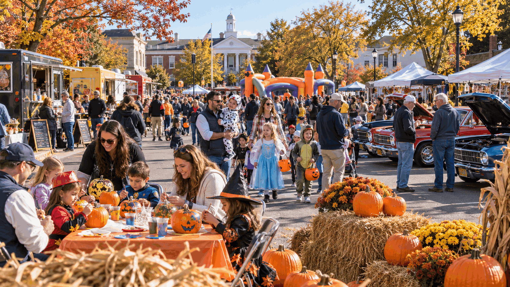Family-friendly fall festival in Springfield, NJ, featuring children painting pumpkins, Halloween costumes, food trucks, craft vendors, classic cars, and colorful autumn decorations at a lively North Jersey community street fair.