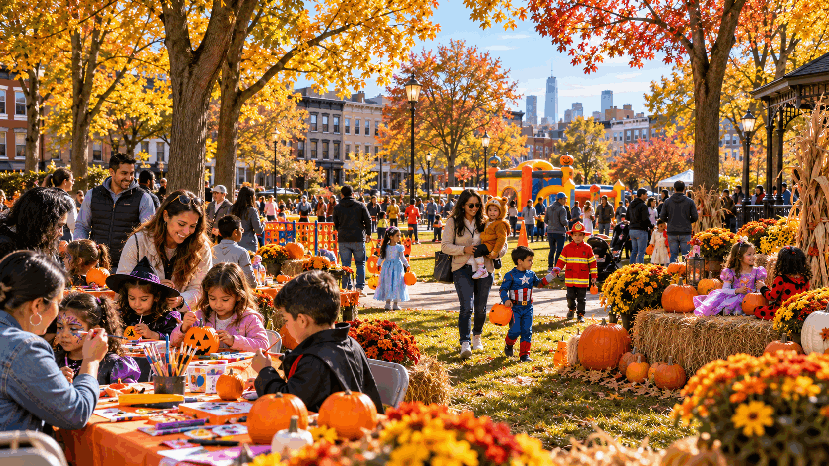 Family-friendly fall festival in Jersey City, NJ, featuring children enjoying pumpkin painting, face painting, Halloween costumes, seasonal games, and colorful autumn foliage at a community park inspired by Pershing Field.