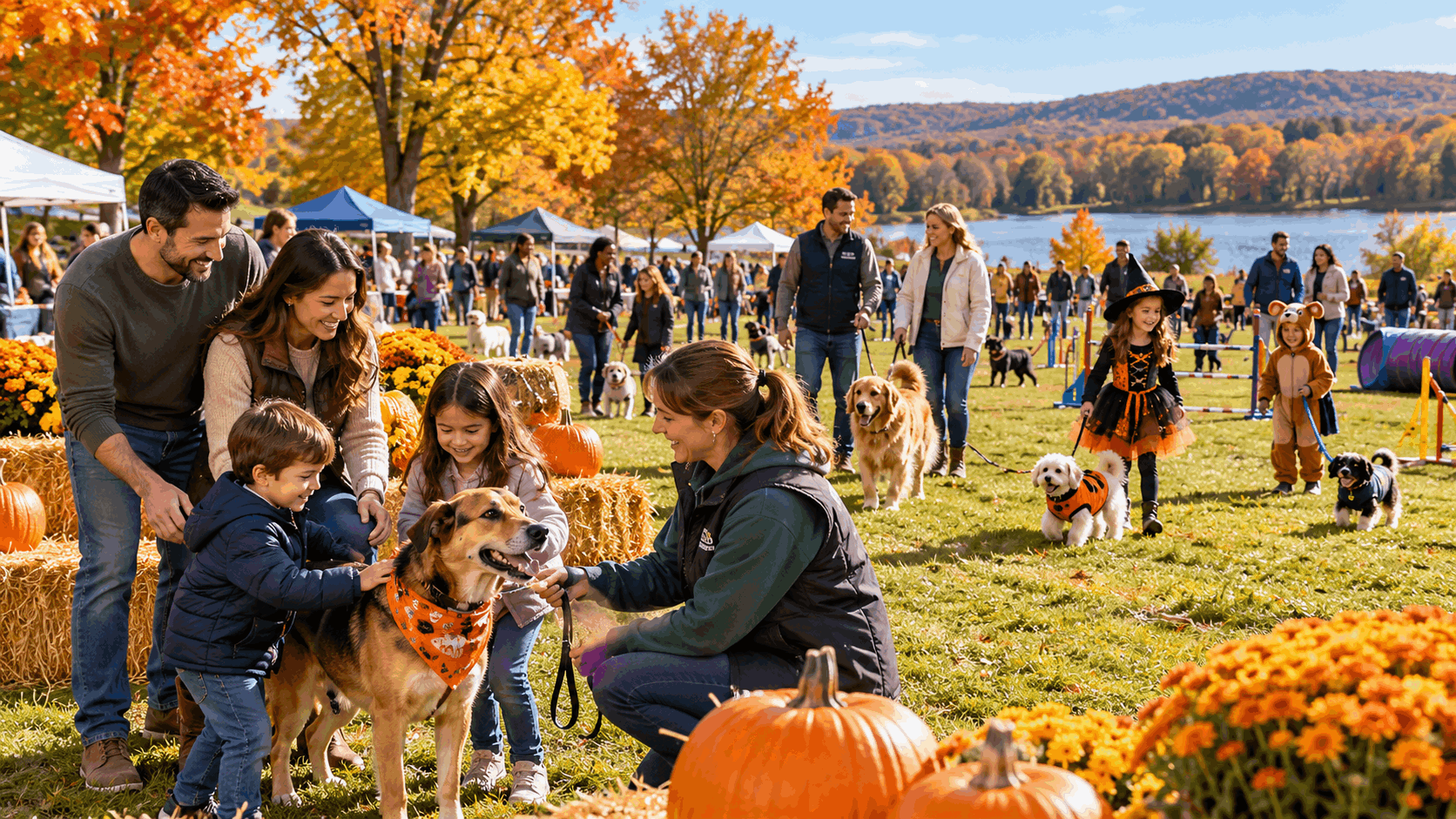 Family-friendly dog adoption and pet festival in Bergen County, NJ, featuring rescue dogs, families meeting adoptable pets, Halloween dog costumes, agility activities, and colorful autumn foliage at a North Jersey park.