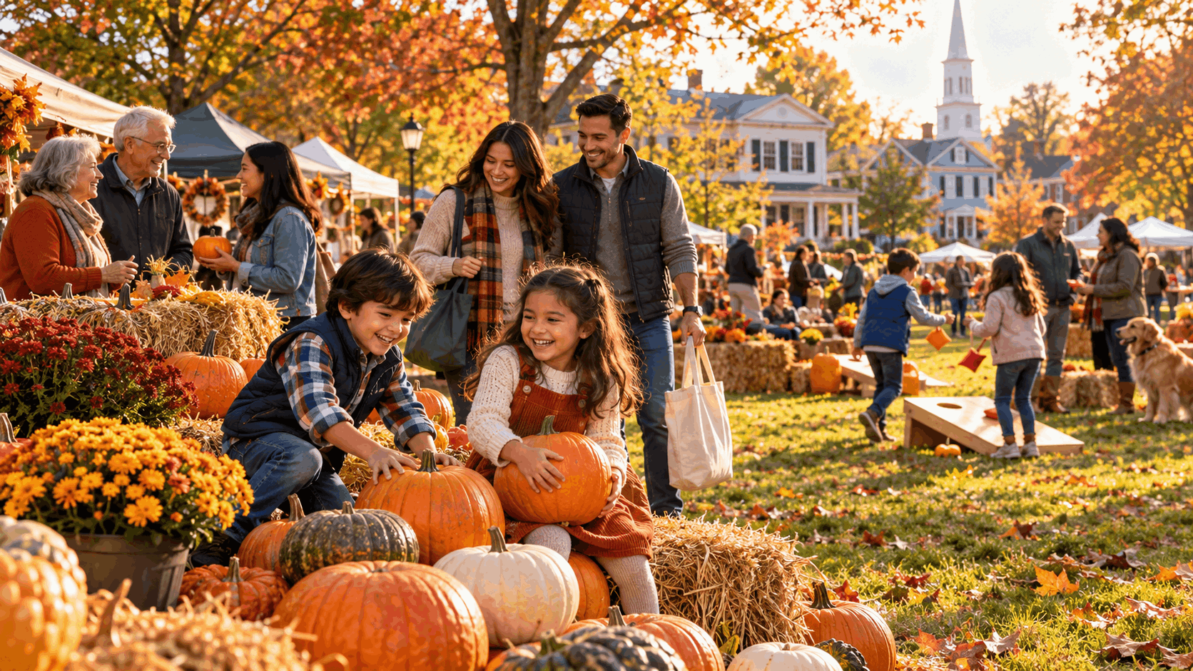 Family enjoying free fall activities in North Jersey, featuring children playing with pumpkins, hay bales, outdoor games, craft stalls, and colorful autumn foliage at a community harvest festival.