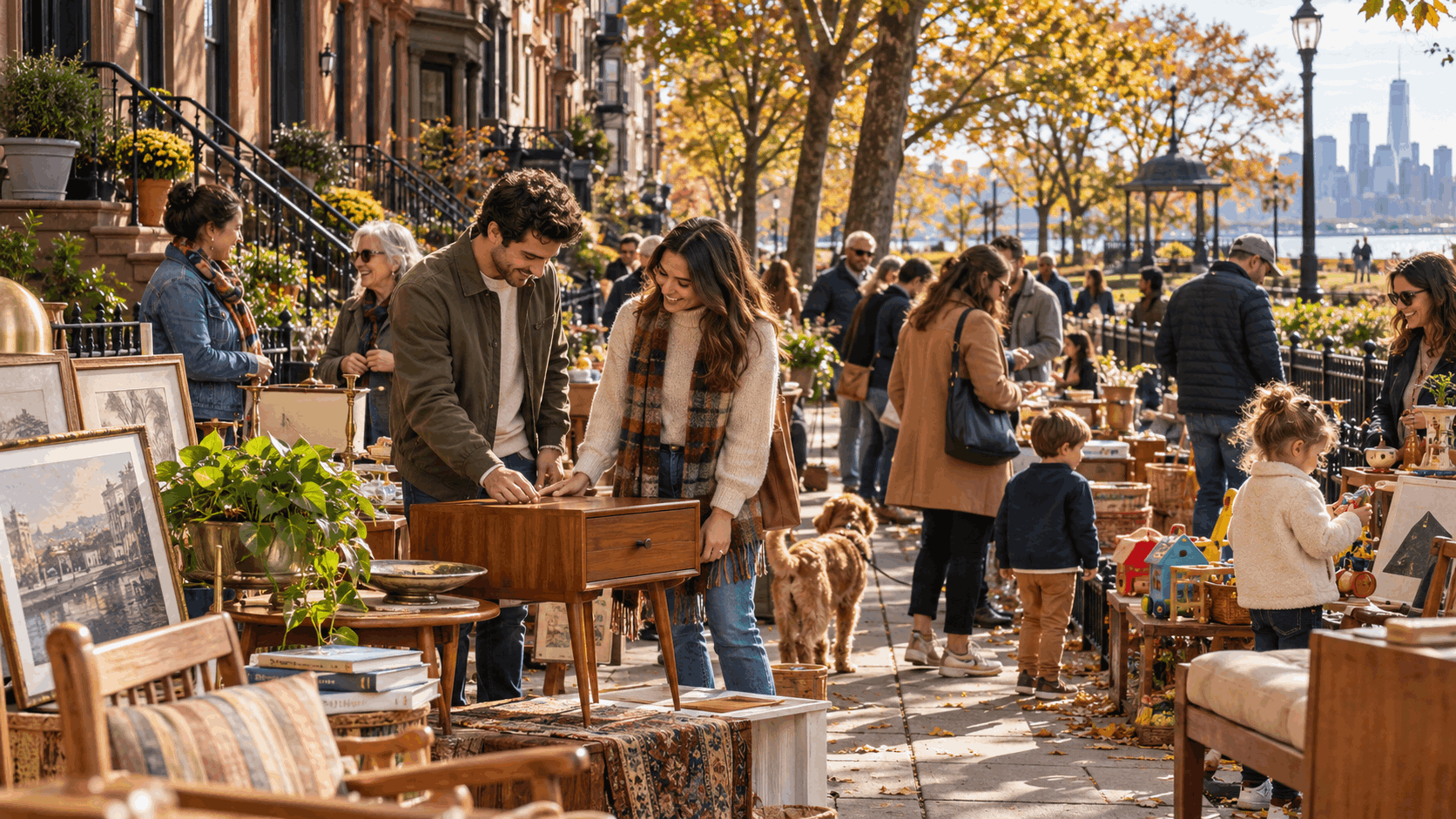 Hoboken, NJ fall sidewalk sale featuring neighbors browsing vintage furniture, home decor, books, artwork, and children's toys along historic brownstone streets lined with colorful autumn trees.