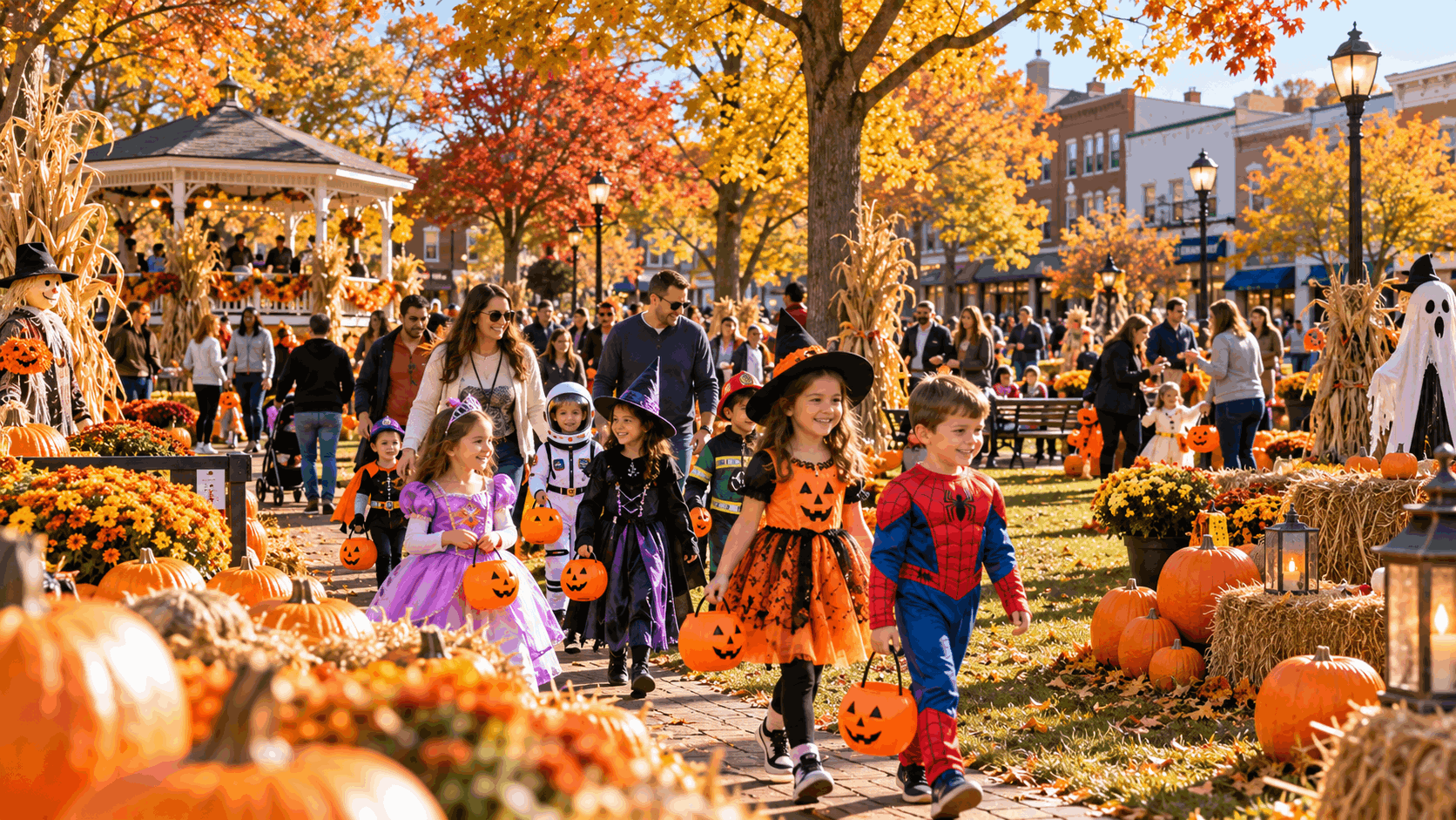 Family-friendly Halloween harvest festival in downtown Ridgewood, NJ, featuring children in colorful costumes, pumpkin displays, hay bales, autumn decorations, and vibrant fall foliage at a Bergen County community park.