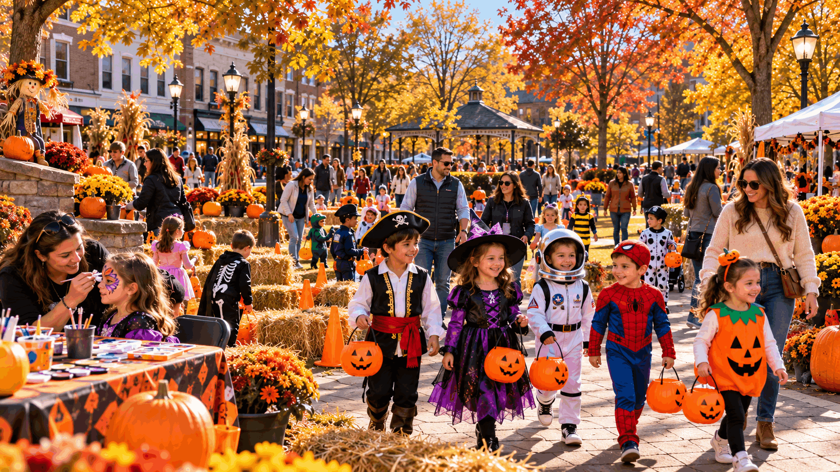 Family-friendly Halloween festival in downtown South Orange, NJ, featuring children in colorful costumes, trick-or-treating, face painting, pumpkin displays, and fall activities at a festive community park.