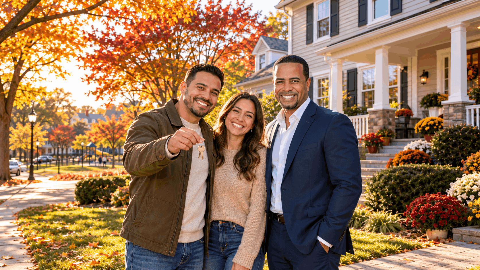 North Jersey Realtor Johnny Rodriguez of Realty ONE Group Legend celebrating with happy homebuyers holding house keys outside a beautiful colonial-style home in Clifton, NJ, surrounded by vibrant autumn foliage.