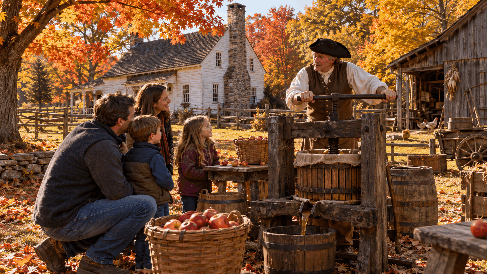Family-friendly colonial heritage event in Union County, NJ, featuring an 18th-century farmhouse, traditional apple cider pressing demonstration, historic farming tools, and vibrant fall foliage during an autumn weekend festival.