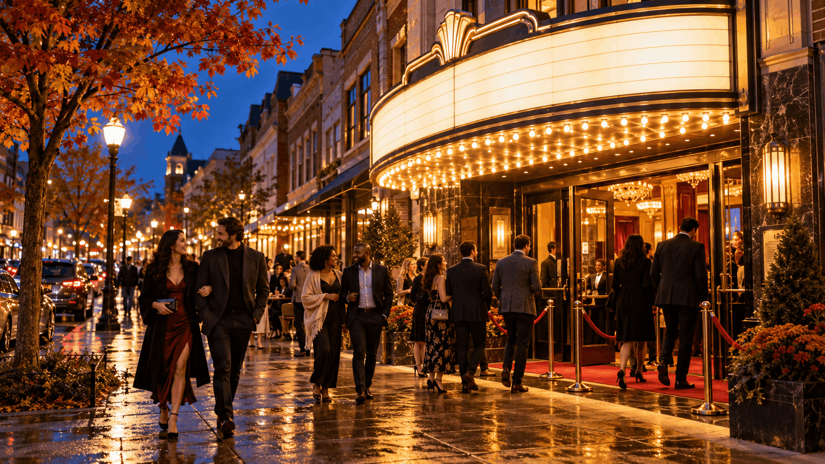 Elegant film festival evening in downtown Montclair, NJ, featuring a historic-style movie theater, glowing marquee, red carpet entrance, diverse attendees, and vibrant autumn foliage along a charming North Jersey street.