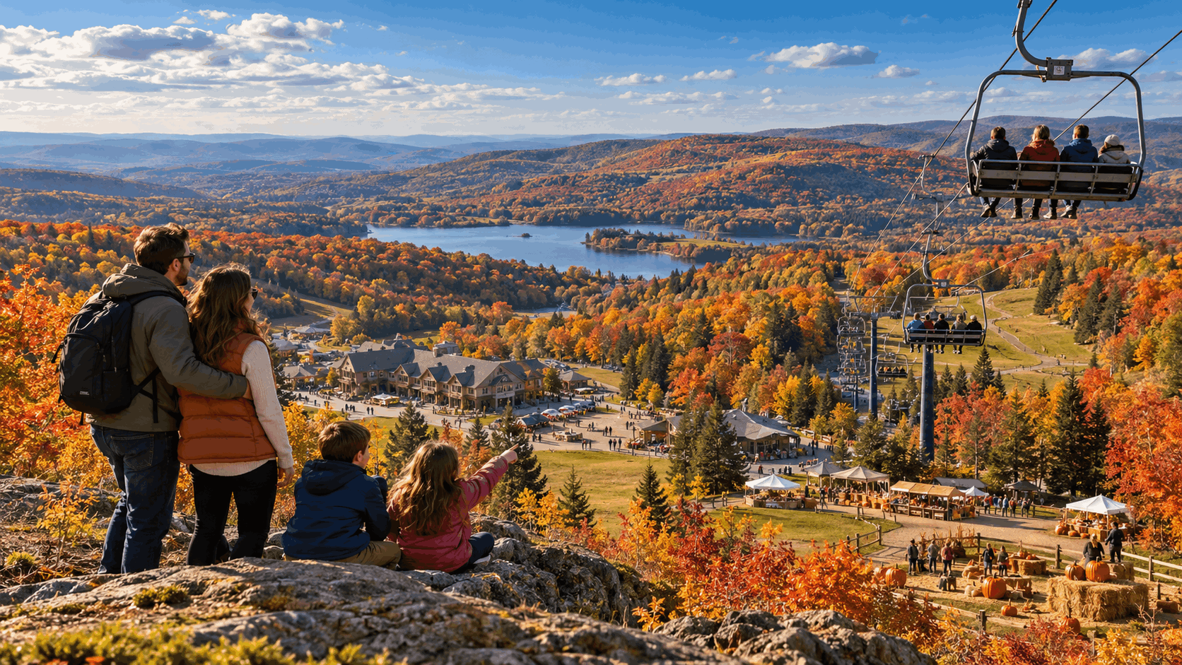Family enjoying spectacular fall foliage at Mountain Creek Resort in Vernon, NJ, overlooking colorful Sussex County mountains, scenic chairlift rides, and autumn harvest activities.
