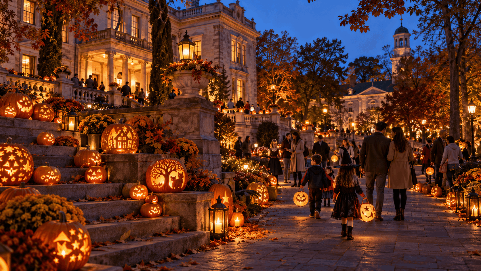 Glowing carved jack-o'-lanterns illuminate a Halloween pumpkin display in Morristown, NJ, as families enjoy an autumn evening near historic Vail Mansion Plaza.