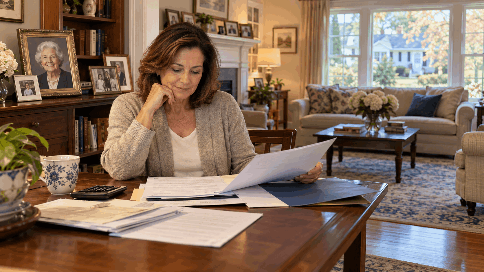 Adult heir reviewing reverse mortgage documents and financial paperwork in an inherited New Jersey family home, with framed photos of an elderly loved one.