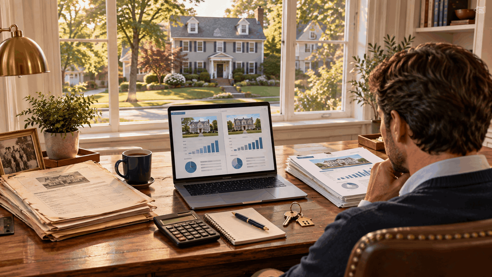 Homeowner comparing existing mortgage terms and refinancing options for an inherited house in Clifton, NJ, with loan documents, calculator, and laptop.