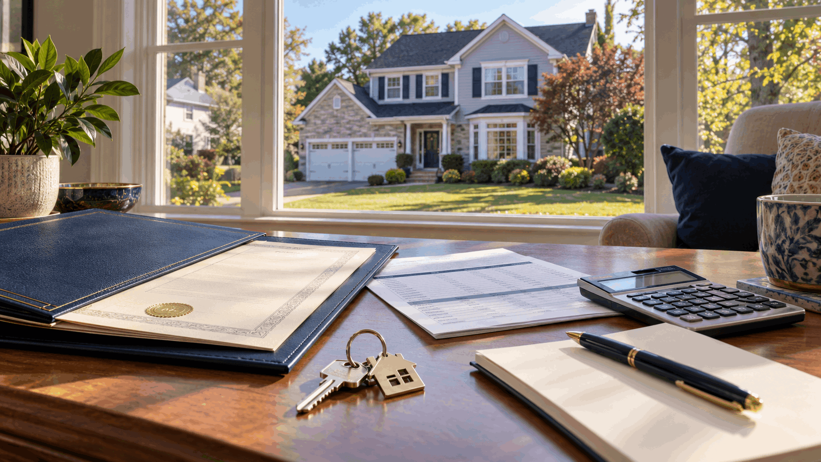 Inherited house with an existing mortgage in Passaic County, NJ, featuring property deed documents, mortgage statement, calculator, and house keys.